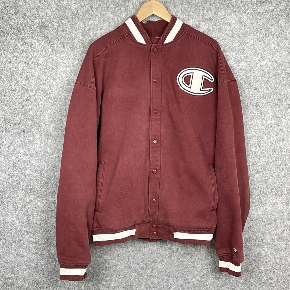 Champion Mens Chenille Patch Varsity Bomber Jacket Size 3XL Streetwear Maroon